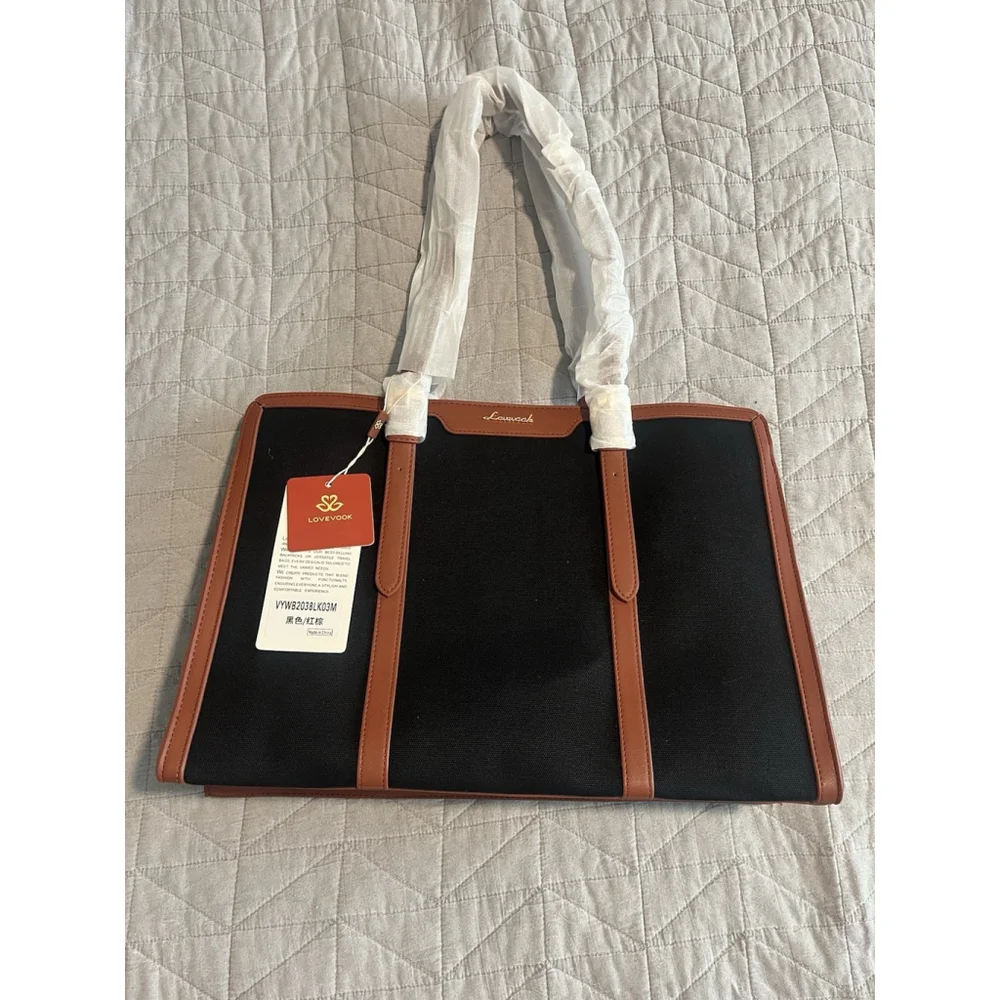 LOVEVOOK Laptop Bag Black Brown Trim Detachable Strap Accessory Case Large - Picture 2 of 16
